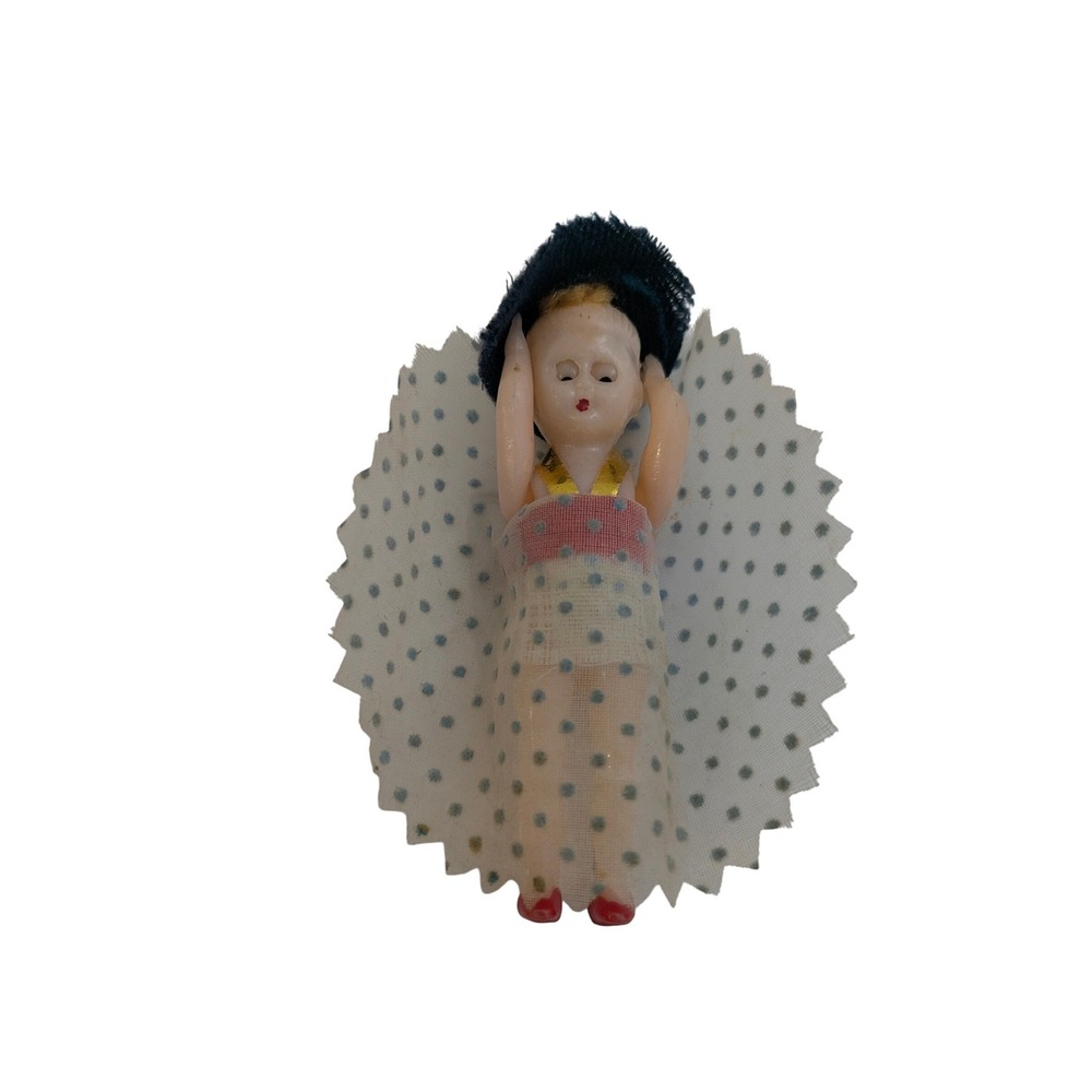 Vintage Celluloid Miniature Doll Polka Dot Dress‎ Blue Hat 2.5 Inch
